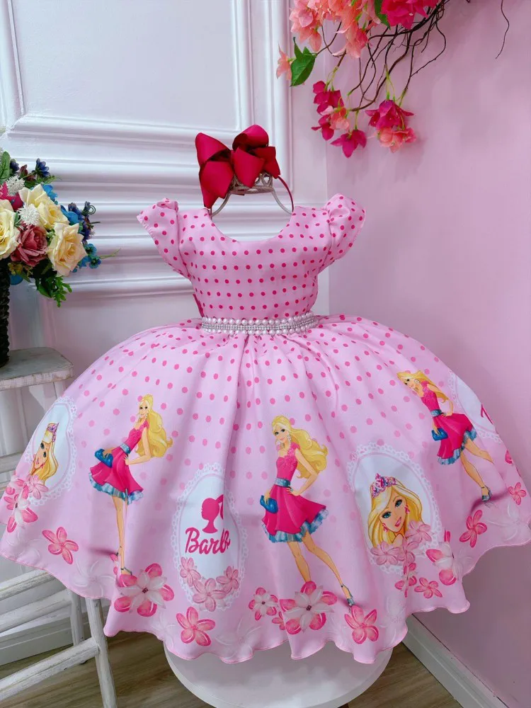 Vestido Infantil Barbie Pink Com Cinto de Pérolas – Moda infantil