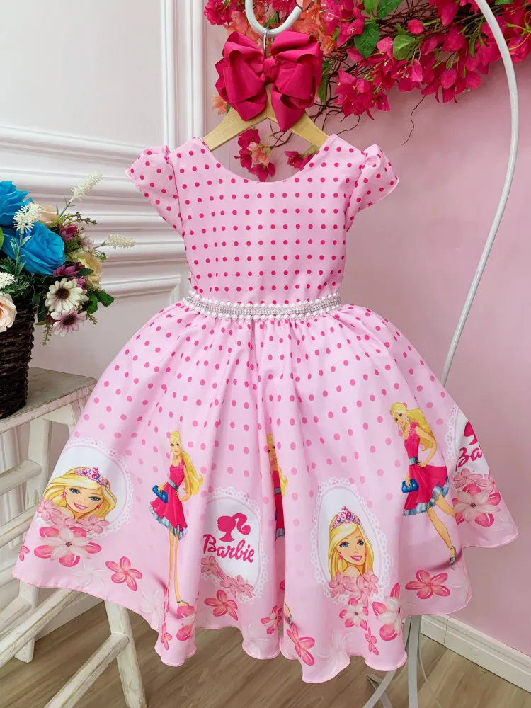 Vestido Infantil Barbie Pink Com Cinto de Pérolas – Moda infantil