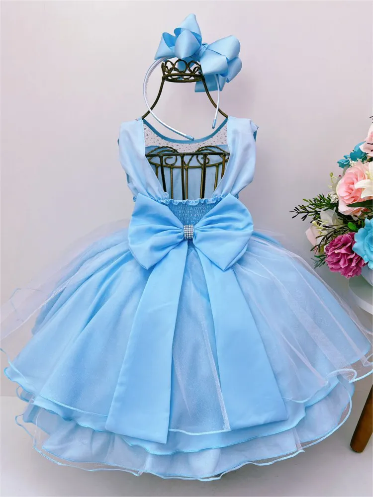 Vestido Infantil Azul Frozen com Capa Luxo